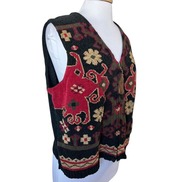 Vintage 90s Black Red Boho Batik Full Zip Sweater Vest Women's XL - Picture 3 of 6